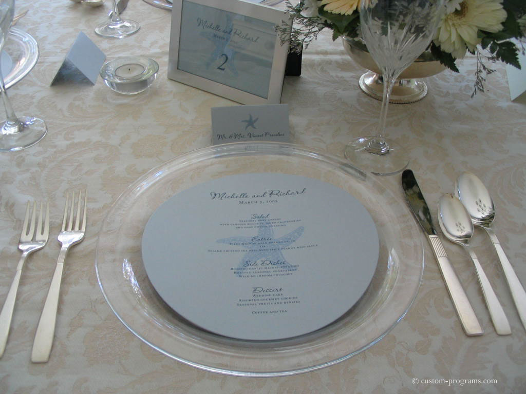 circular round menu, Blue Starfish - Matching Menu, Table Cards and placecards