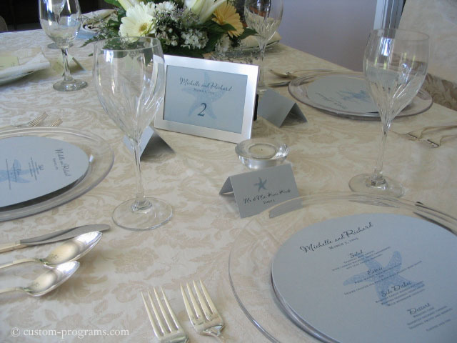 round menus, circle menu, circular wedding menus, Round Menu, Blue Starfish - Matching Menu, Table Cards and placecards